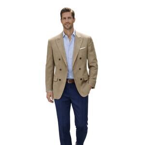 Hugo Boss Vintage Double Breasted Blazer Tan 100% Virgin Wool Jacket Men 40L